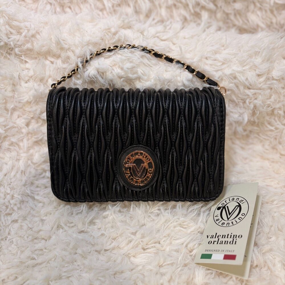 NWT Valentino Orlandi Black Crossbody Bag Wavy Quilted Wallet Gold Chain Strap